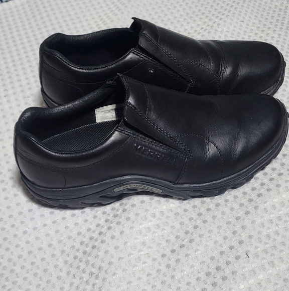 MERRELL EUC MENS SIZE 10 BLACK LEATHER JUNGLE MOC SLIPON SHOES - Picture 1 of 9